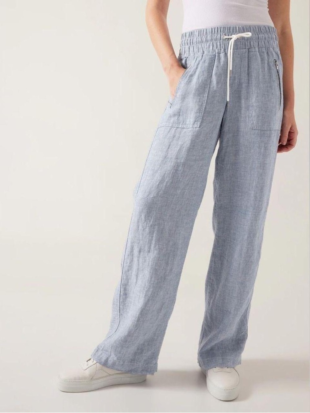 Athleta Cabo Linen Wide Leg Pants Blue Drawstring Lightweight 4 25362